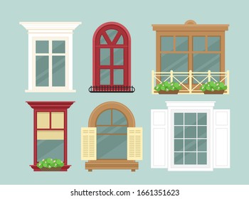 Vector illustration set of detailed various colorful windows with flowers, decorations and window sills, curtains. Flat cartoon style. Windows, exterior decor concept.