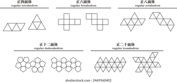 Conjunto de Ilustración vectorial de diagramas de desarrollo de poliedros regulares de varias Formas