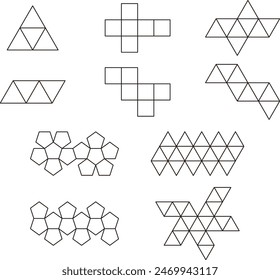 Conjunto de Ilustración vectorial de diagramas de desarrollo de poliedros regulares de varias Formas