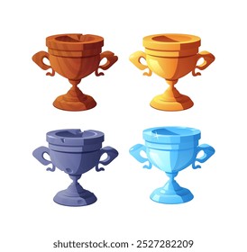 Vector illustration of a set of dice for game achievements. Prizes made of wood, gold, metal and ice. Icons symbolizing success and victory on a white background.