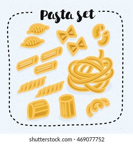 Vector illustration of set of diferent kind of pasta shapes. Gomiti rigati, faralle, cellentani, penne, fusilli, rigatoni, fettuccine