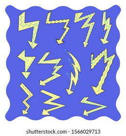 Vector illustration with set of different abstract natural lightning bolts. Lines are used. Can use entire collection or as individual elements to finished works.
