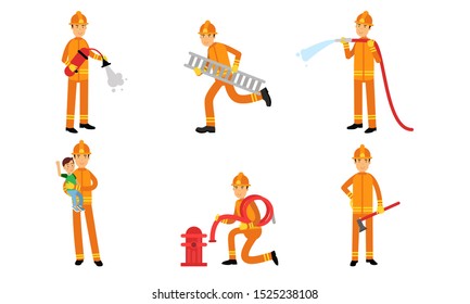 Vector Illustration Set With Different Action Poses Of Fireman At Work