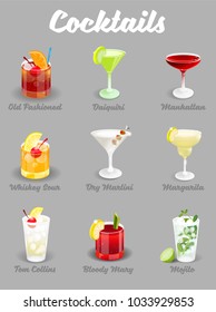Vector illustration set with different alcoholic ice freeze cocktails bar restaurant party menu drink Old Fashioned Daiquiri Manhattan Whiskey Sour Dry Martini Margarita Mojito Bloody Mary Tom Collins