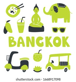 Vector illustration set of different Bangkok things. Elephant, mango, buddha, noodles, lotus, coconut, motorbike and smoothie. Hand drown art with text in doodle style. For design and concept