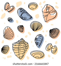 Vector illustration set: different blue , yellow, and orange hand-drawn seashells. The concept of summer time and nautical mood.