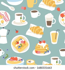 Vector illustration set of different breakfasts. Various tasty bakery products and hot drinks. Seamless pattern