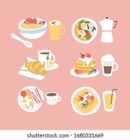 Vector illustration set of different breakfasts. Various tasty bakery products and hot drinks. Food icons and logos