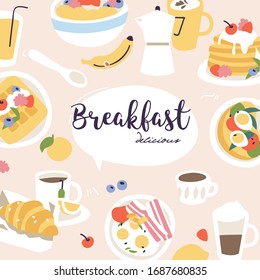 Vector illustration set of different breakfasts. Various tasty bakery products and hot drinks. Background with food icons and logos