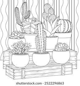 Vector illustration, set of different cacti, coloring book