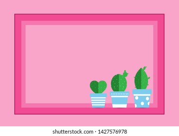 Vector illustration of Set of different cactus in flower pot on pink background