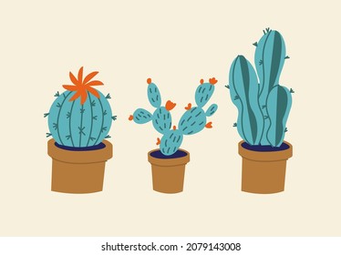 Vector illustration set of different cactuses flowers in pots. Dessert plants.