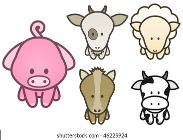 Vector illustration set different cartoon farm animals  All vector objects   details are isolated   grouped  Colors   transparent background color are easy to adjust 