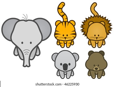 Vector illustration set of different cartoon wild/zoo animals. All vector objects and details are isolated and grouped. Colors and transparent background color are easy to adjust.