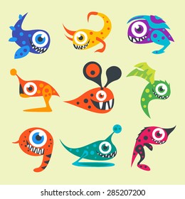 Vector illustration set of different characters cute cartoon alien monster on lime background