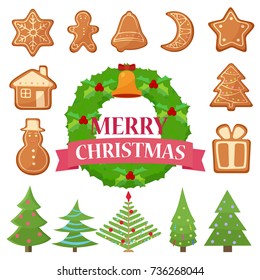 Vector illustration set of different Christmas cookies, cakes and trees with wreath.