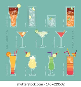 vector illustration with set to different cocktails. flat graphic. alcohol drinks in glass