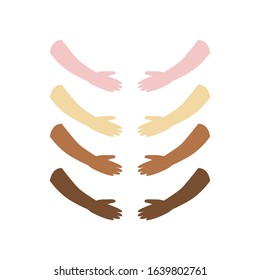 Vector illustration set of different color and nationality hands of people isolate on white background. Hugs gesture, multi culture volunteer care concept.