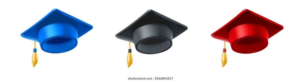 Ilustración vectorial de conjunto de gorra graduada de brillo de diferentes colores con borla dorada sobre fondo blanco. Diseño de estilo 3d de la colección del sombrero de la graduación para el Web, sitio, Anuncio, cartel, tarjeta