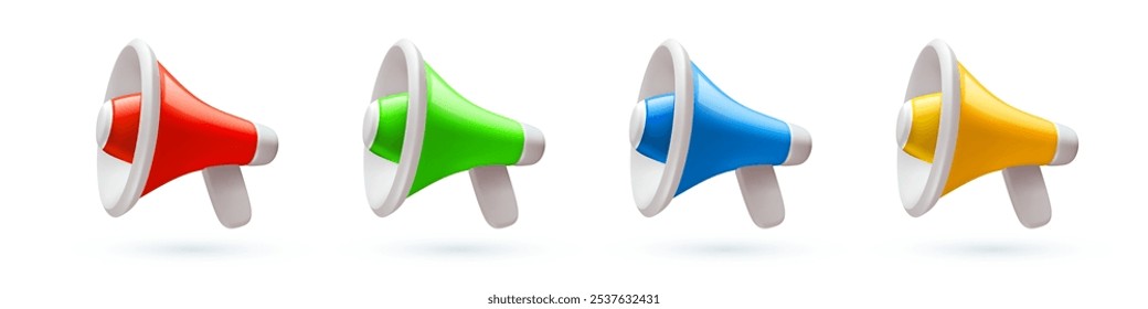 Vector illustration of set of different color megaphone on white background. Collection of communication loudspeaker. 3d style design of announcement bullhorn and speaker for social media, banner