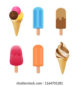 Vector illustration set of different colored ice-creams, popsicles and in waffle cones.