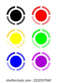 Vector illustration of a set of different colored, colored circles and surrounding circles with 4 color intensity decreases on white background.