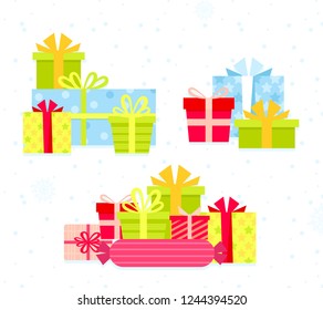 Vector illustration set of different colorful gift boxes. Flat cartoon design present boxes with bows in bright colors. Christmas gifts collection, birthdays presents.