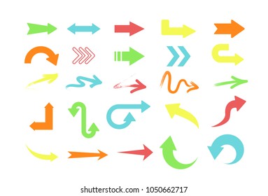 Vector illustration set of different colors arrows, pointers collection on white background.