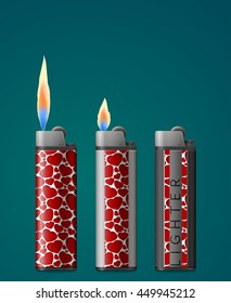 Vector illustration set of different colors pocket lighters with fire. All parts separately from each other. All parts separately from each other. Lighter background design can be replaced.