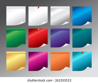 Vector illustration. Set of different  colourful  paper sticky note with push pins  isolated on grey background