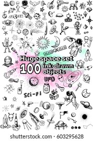 Vector illustration set of different cosmic objects: stars, planets, ufo, aliens, spaceships, black holes, robots, moon, asteroids, satellites and other space related objects. Hand-drawn doodle style.
