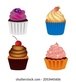 Vektorgrafik, eine Reihe verschiedener Cupcakes, die mit Beeren und Sahne dekoriert sind