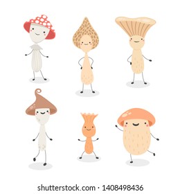 Vector illustration set of different cute mushrooms. Cartoon kawaii mushrooms. Happy fly agaric, amanita, chanterelle, boletus, morel, funnel, russula, suffron, coral milky cup, fungus