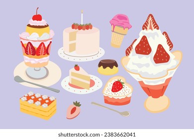 Vector illustration of a set of different desserts on a purple background.