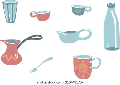 Vector illustration. A set with different dishes. A cup for coffee, a cup, a glass glass and a bottle, a teaspoon and a milk jug. Tea set, coffee set