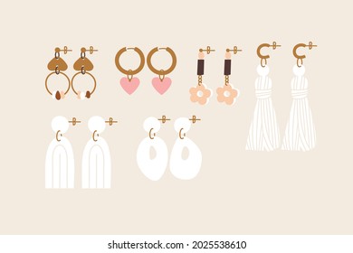 Vector illustration set of different earrings. Stylish modern design of accessories