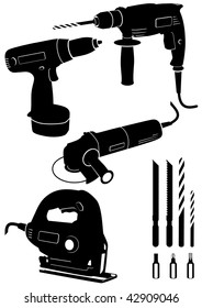 Vector illustration set of different electric power tools. All vector objects and details are isolated and grouped. Each tool has a transparent background. Colors are easy to adjust or customize.
