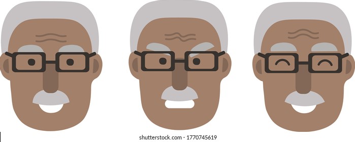 vector illustration set of different emotions of a black African adult old man. Grandfather of a black race face smiles, gets angry, laughs. Multi-ethnic avatar portrait. Great for animated character.
