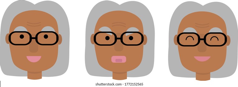 vector illustration set of different emotions of a black African adult old woman. Grandmother of a black race face smiles, gets angry. Multi-ethnic avatar portrait. Great for animated character.