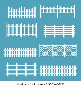 Vector illustration set of different fences white color. Rural silhouettes wooden fences, pickets vector for garden in flat style.