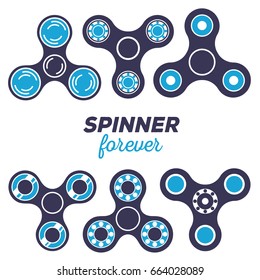 Vector illustration of set of different fidget spinners. Creative concept of toy for stress relief annealing with text on white background. Flat style design of stylish hand spinner for web, site