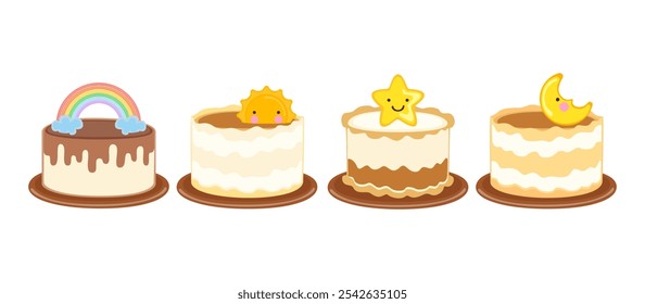 Vector illustration set of different flavors of cute style cake slices. Flat design, isolated on background. Bakery vector Morning cartoons of the sun, stars, moon, celebrations, parties, happiness 