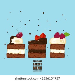 Vector illustration set of different flavors of cute style cake slices. Flat design, isolated on white. Vector illustration of bakery, birthday cake, party, celebration, festival, happy for greeting.