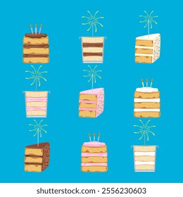 Vector illustration set of different flavors of cute style cake slices. Flat design, isolated on white. Vector illustration of bakery, birthday cake, party, celebration, festival, happy for greeting.