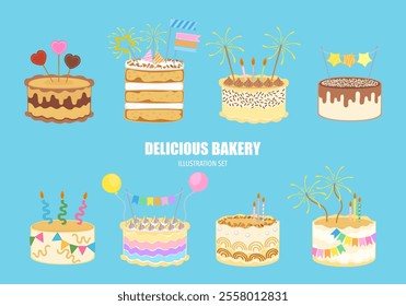 Vector illustration set of different flavors of cute style cake slices. Flat design, isolated on white. Vector illustration of bakery, birthday cake, party, celebration, festival, happy for greeting.