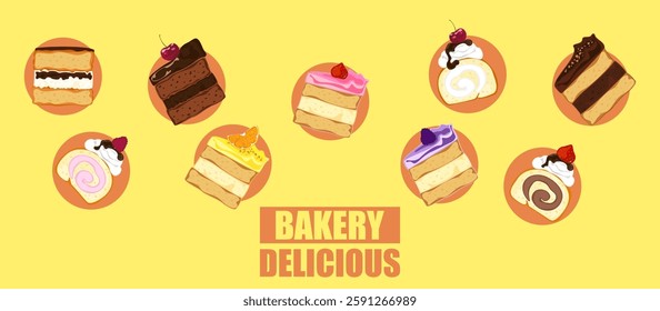 Vector illustration set of different flavors of cute style cake slices. Flat design, isolated on white. Vector illustration of bakery, birthday cake, party, celebration, festival, happy for greeting.