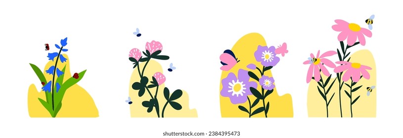 Vector illustration set of different flowers and attracted insects on abstract backgrounds. Bluebell, coneflower, wild rose, red clover. Bee, ladybug, fly, butterfly. Biotic diversity conservation.