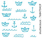 Vector illustration set of different freehand drawn cartoon paper ships anchors and waves made in kid childish style
