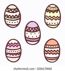 Vector illustration set of different freehand drawn cartoon ornamented painted Easter eggs made in kid childish style