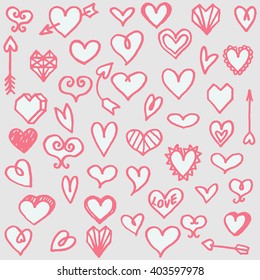 Vector illustration set of different freehand drawn cartoon hearts